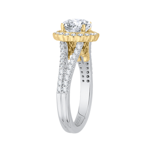 14K Two Tone Gold Round Diamond Halo Engagement Ring with Split Shank (Semi Mount)