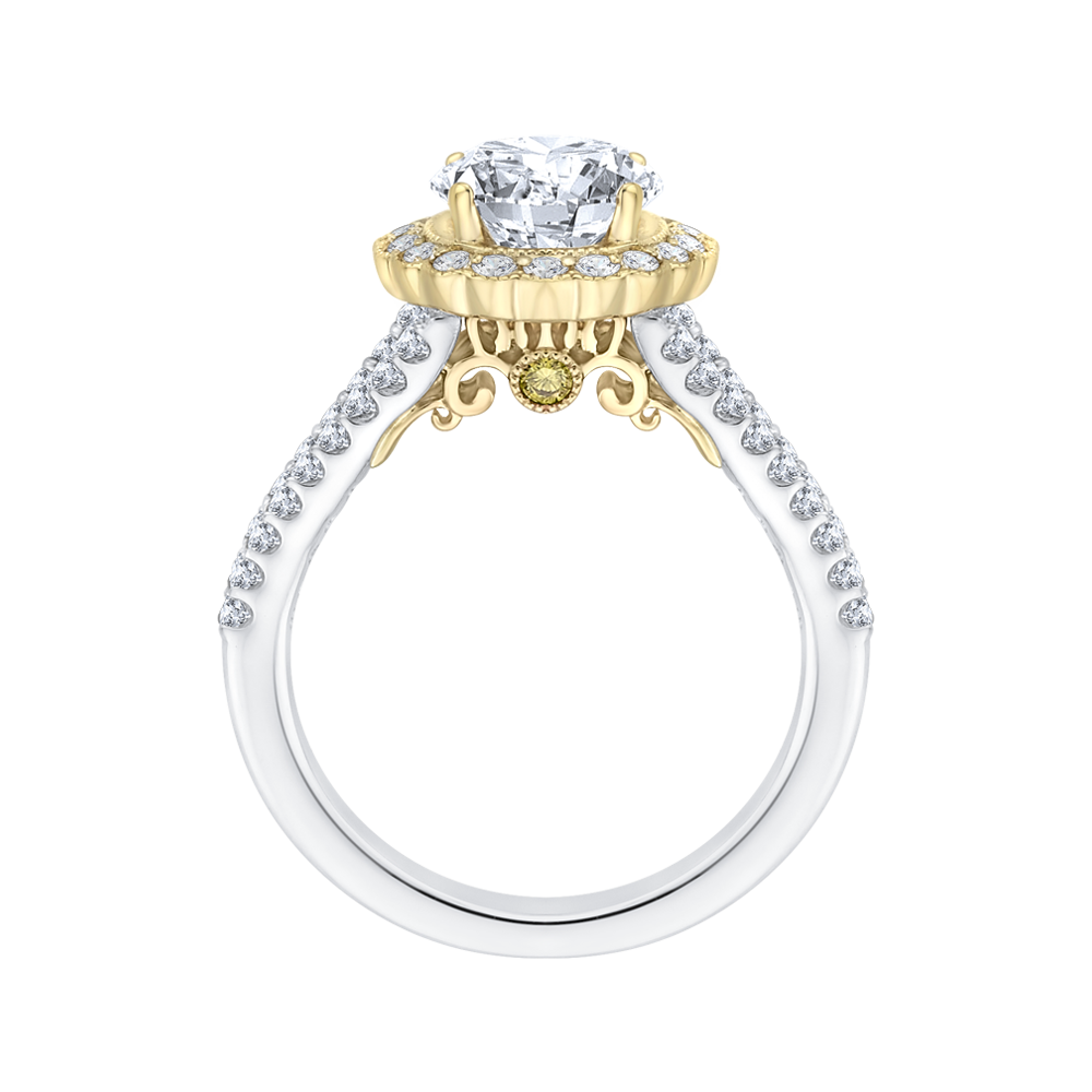 14K Two Tone Gold Round Diamond Halo Engagement Ring with Split Shank (Semi Mount)