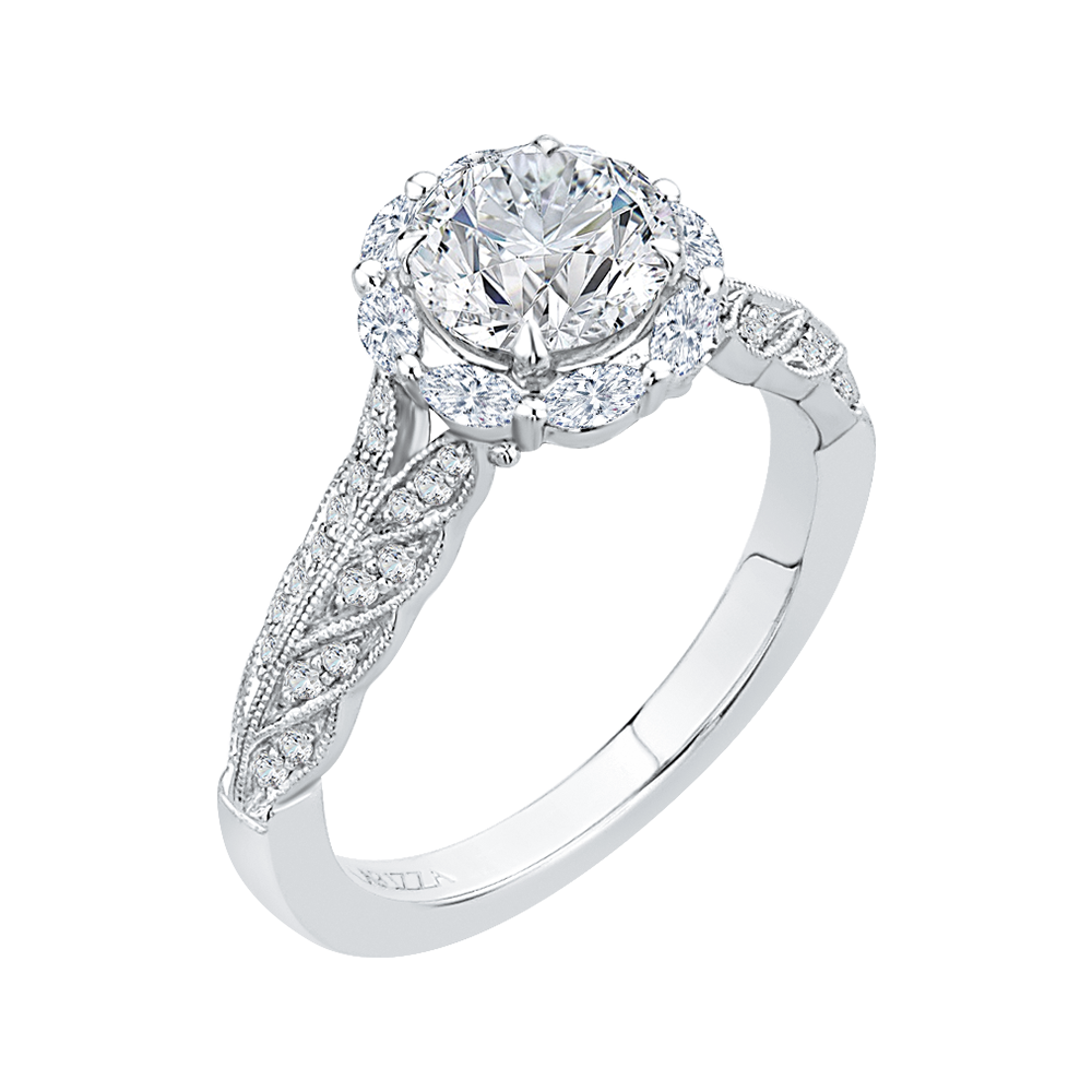 14K White Gold Round Diamond Floral Halo Engagement Ring (Semi Mount)