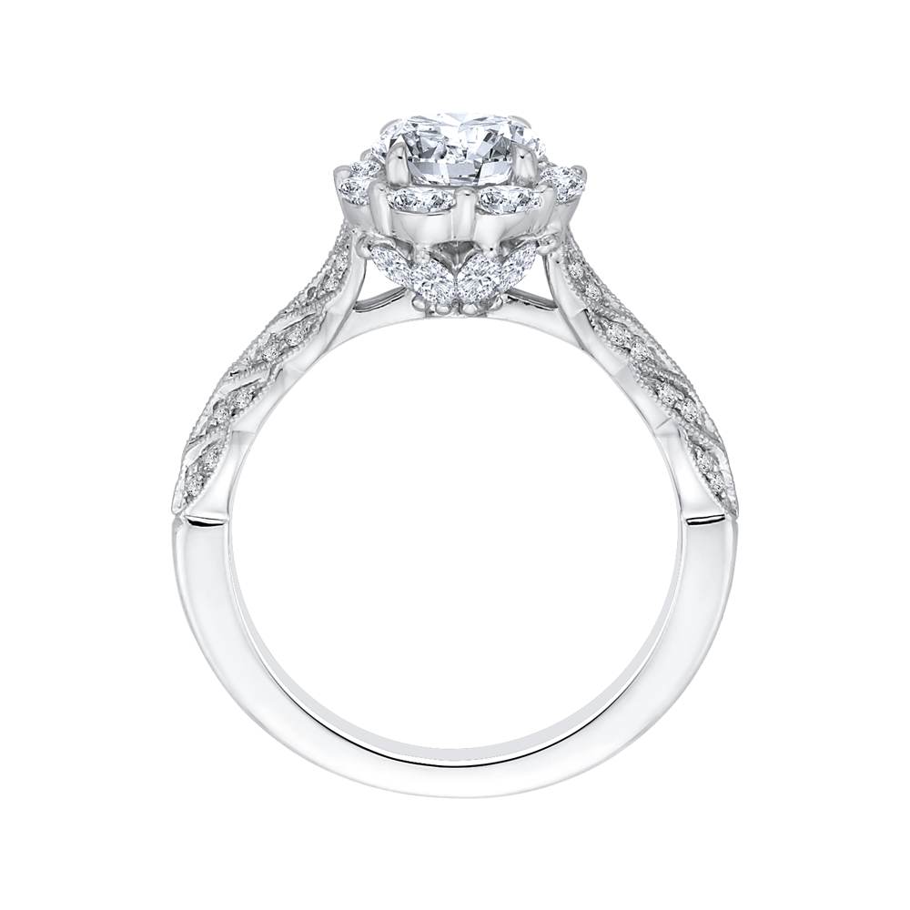 14K White Gold Round Diamond Floral Halo Engagement Ring (Semi Mount)