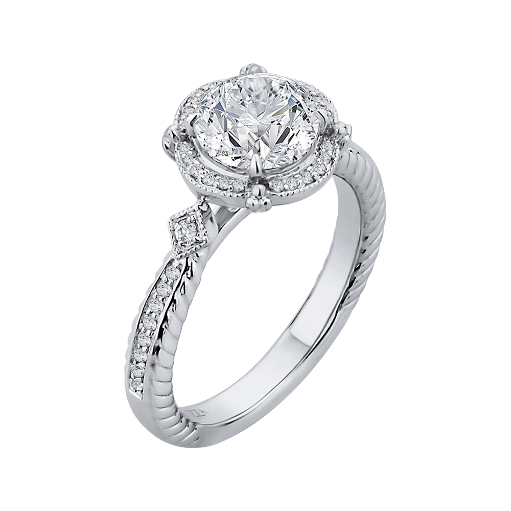 14K White Gold Round Cut Diamond Halo Engagement Ring (Semi Mount)