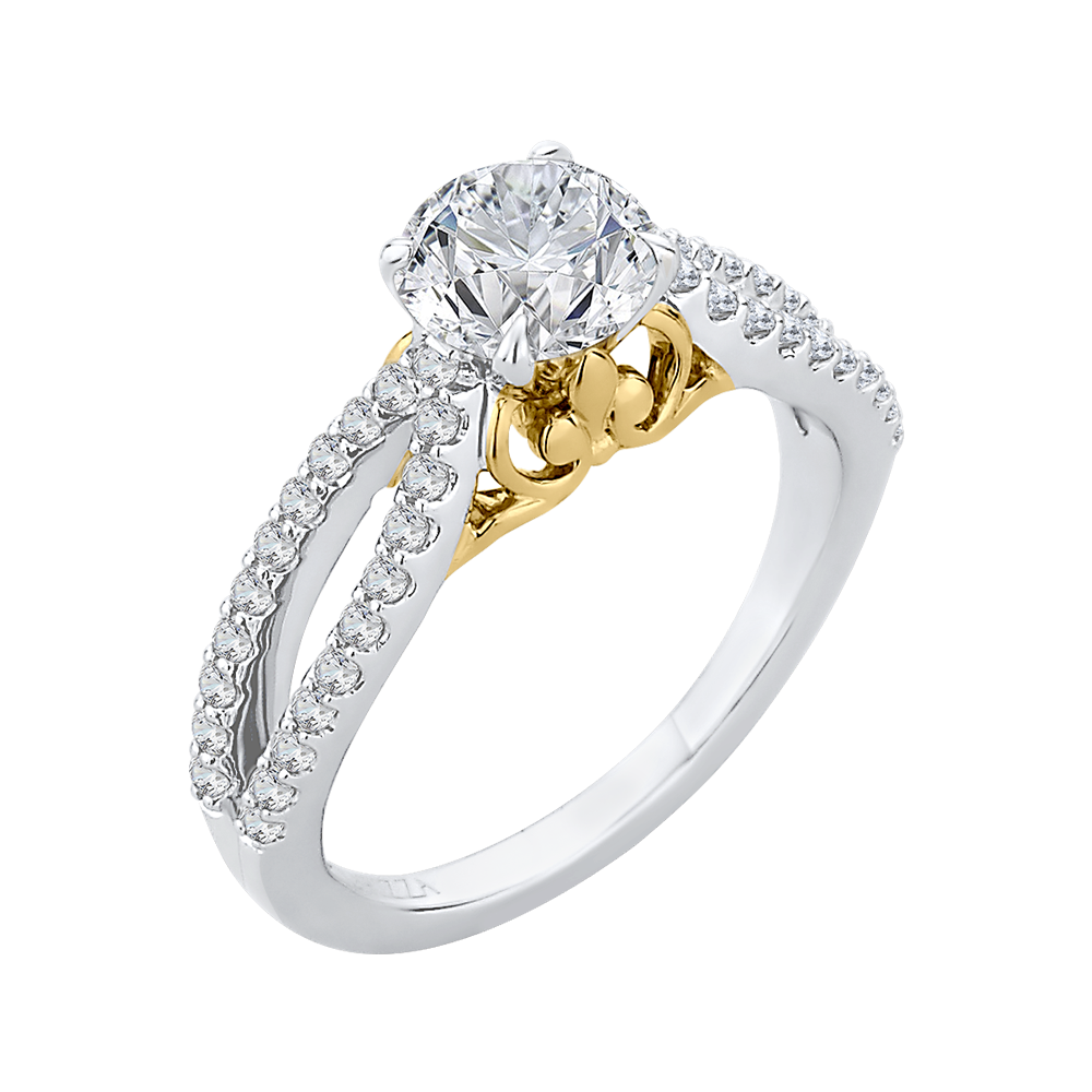 14K Two Tone Gold Round Diamond Engagement Ring with Split Shank (Semi Mount)