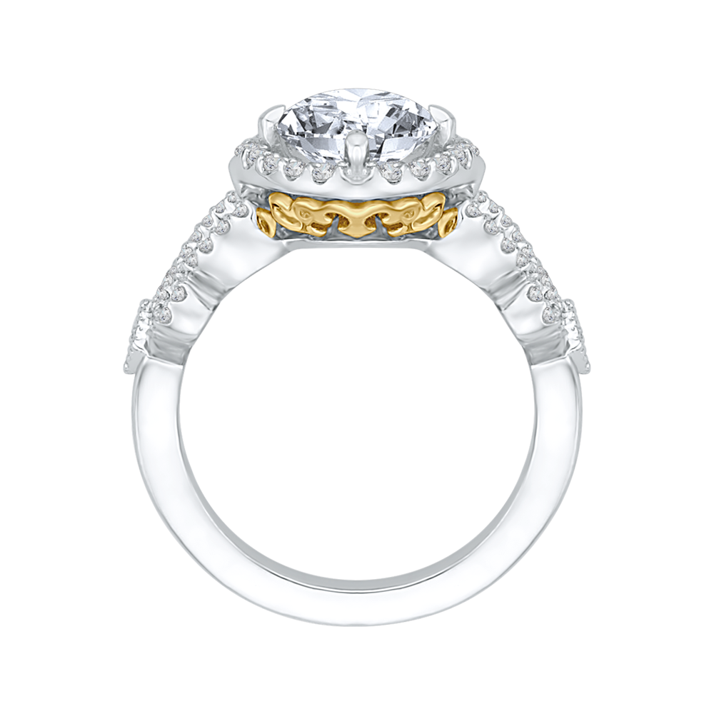 14K Two Tone Gold Round Diamond Halo Engagement Ring with Split Shank (Semi Mount)