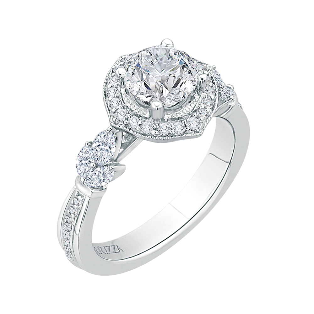 14K White Gold Round Diamond Floral Halo Engagement Ring (Semi Mount)