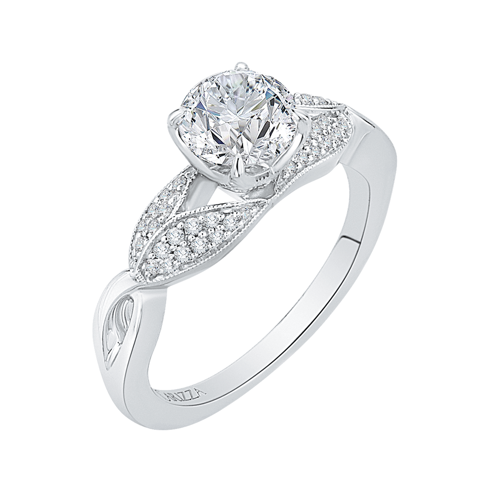 14K White Gold Round Diamond Floral Engagement Ring with Split Shank (Semi Mount)