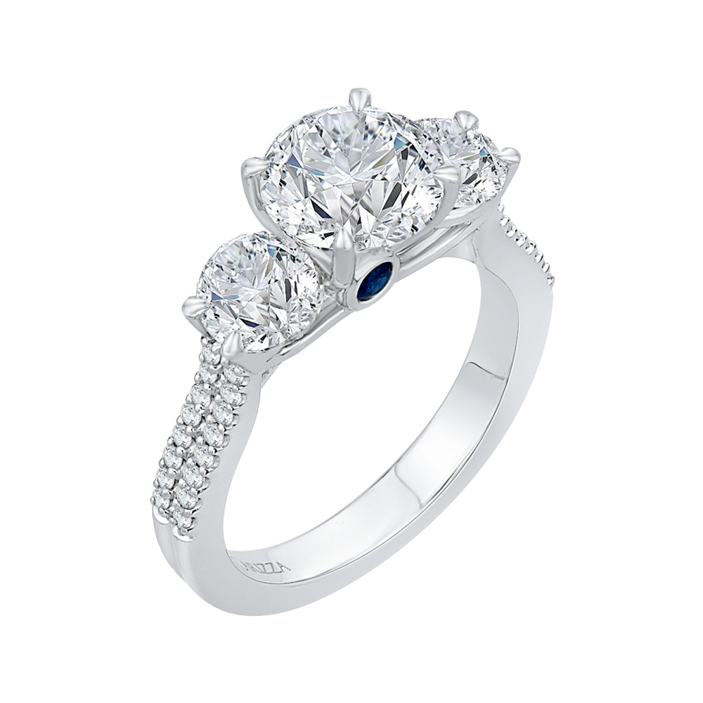 14K White Gold Round Cut Diamond Three Stone Cathedral Style Engagement Ring (Semi Mount)