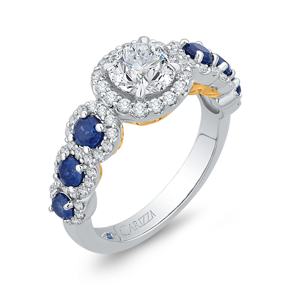 14K Two Tone Gold Round Diamond Engagement Ring with Sapphire (Semi Mount)