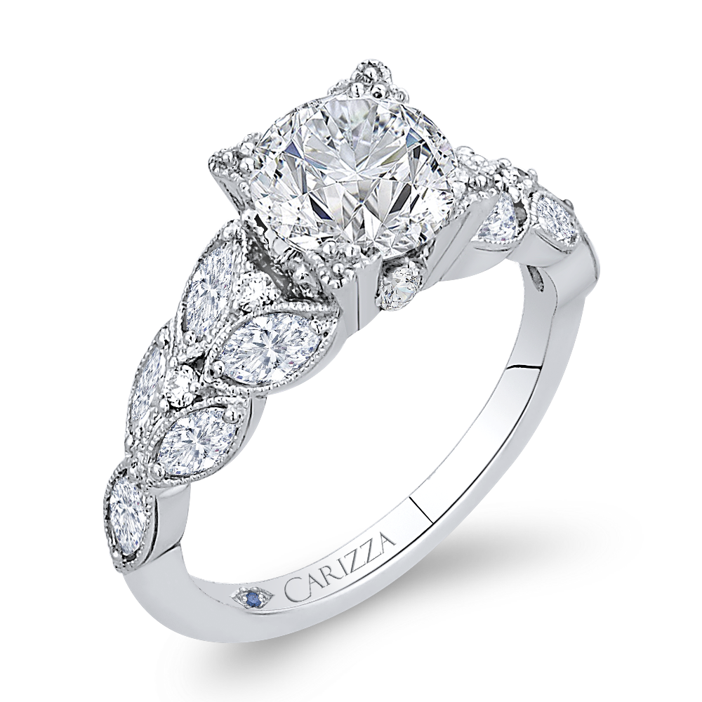 14K White Gold Round Diamond Floral Engagement Ring (Semi Mount)