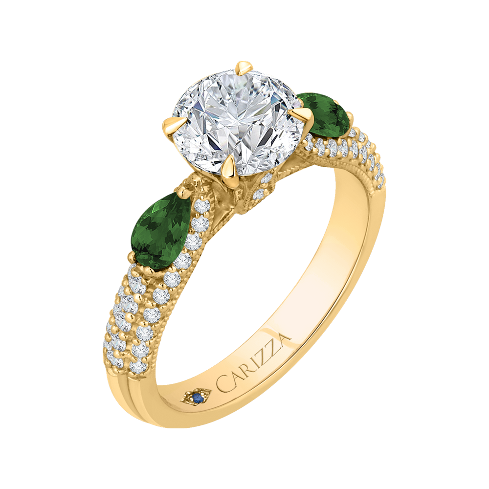 14K Yellow Gold Round Diamond and Green Tsavorite Engagement Ring (Semi Mount)