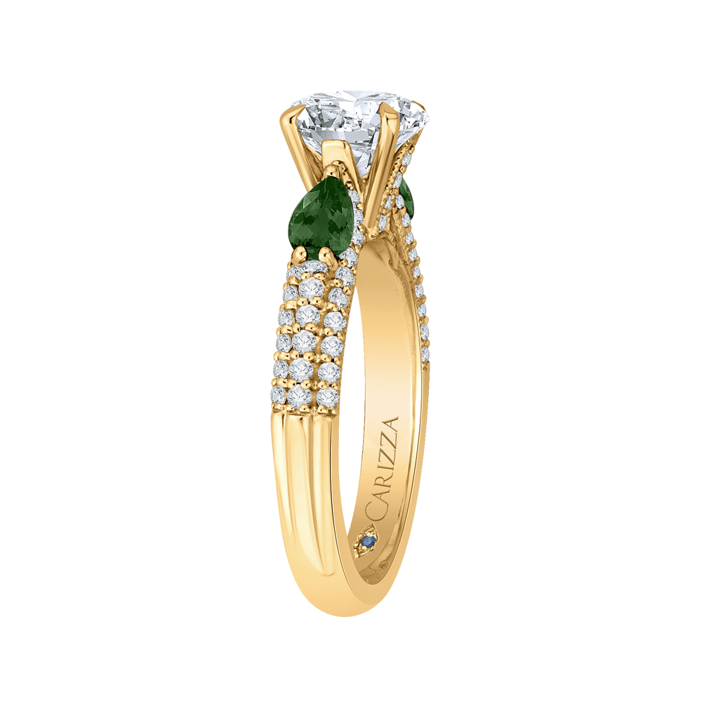 14K Yellow Gold Round Diamond and Green Tsavorite Engagement Ring (Semi Mount)