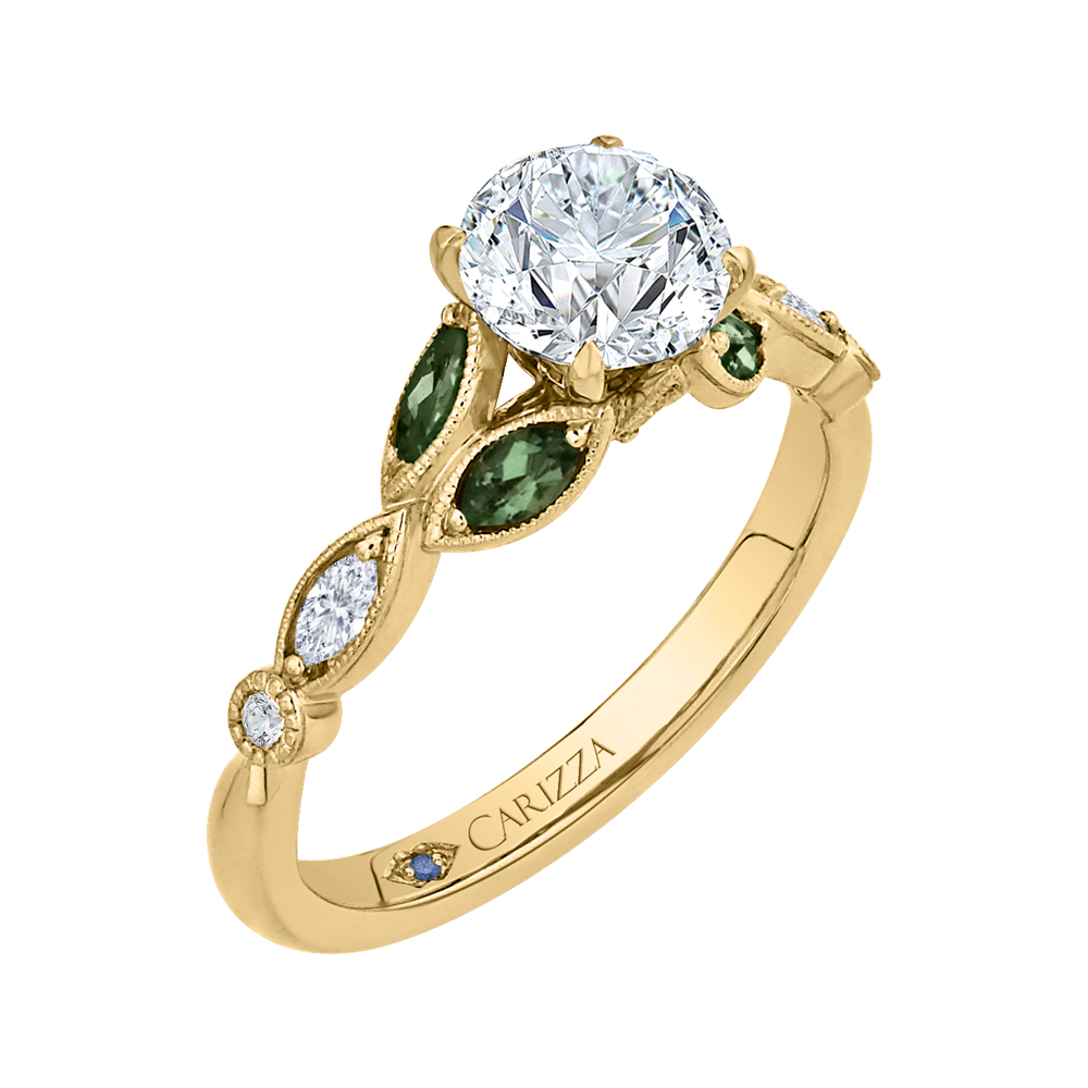 14K Yellow Gold Round Diamond and Green Tsavorite Engagement Ring (Semi Mount)