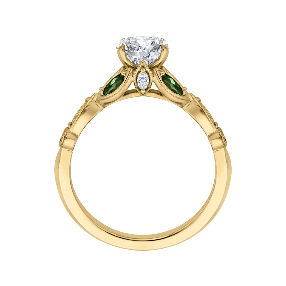 14K Yellow Gold Round Diamond and Green Tsavorite Engagement Ring (Semi Mount)