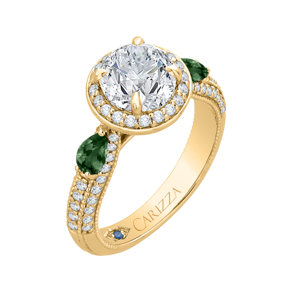 14K Yellow Gold Round Diamond and Green Tsavorite Engagement Ring (Semi Mount)