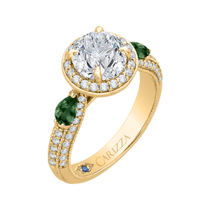 14K Yellow Gold Round Diamond and Green Tsavorite Engagement Ring (Semi Mount)