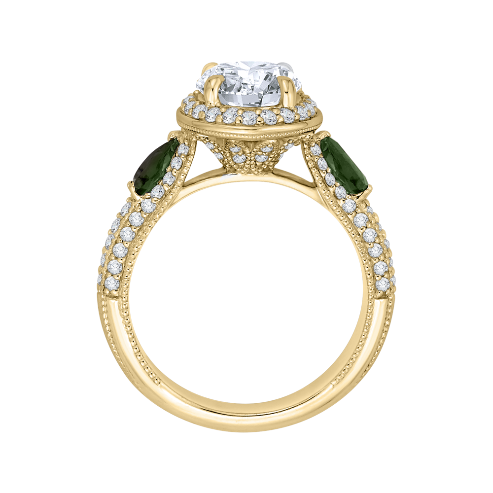 14K Yellow Gold Round Diamond and Green Tsavorite Engagement Ring (Semi Mount)