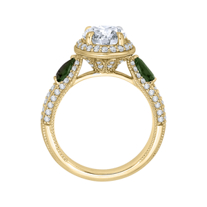 14K Yellow Gold Round Diamond and Green Tsavorite Engagement Ring (Semi Mount)