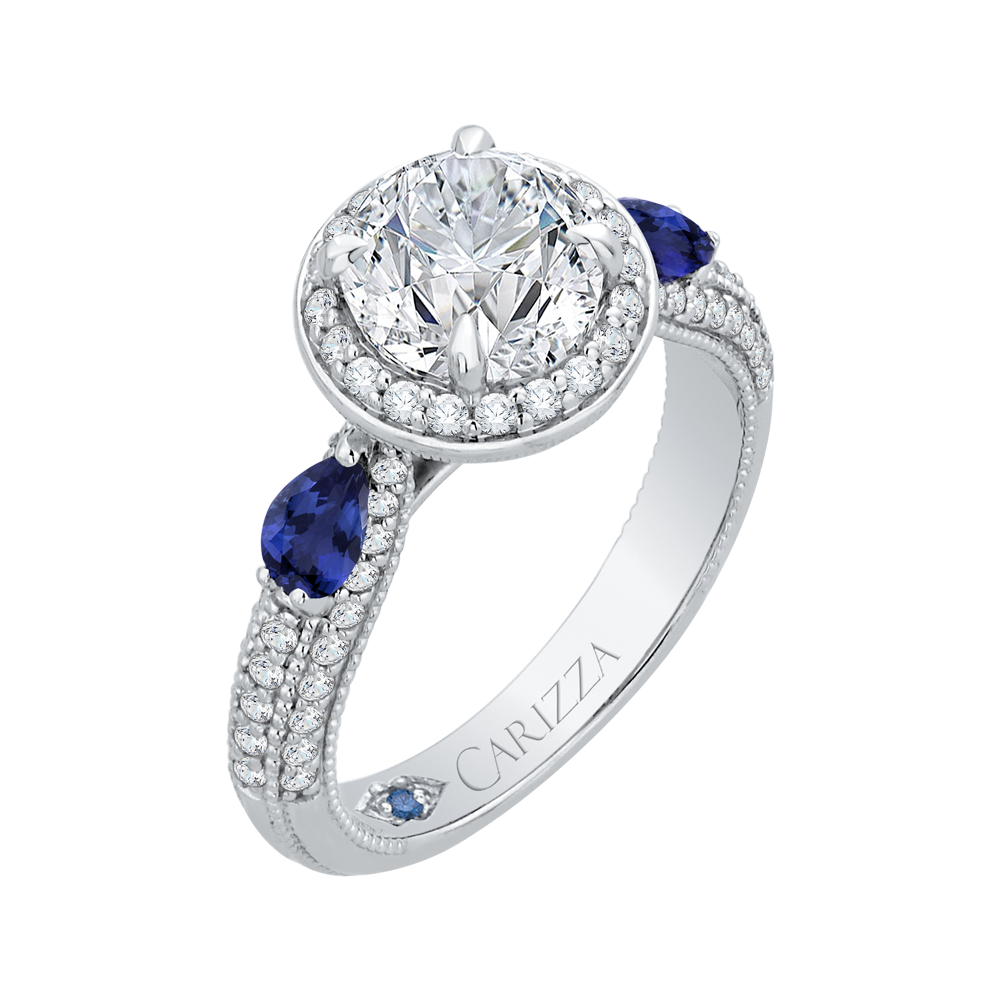 14K White Gold Round Diamond Halo Engagement Ring with Sapphire (Semi Mount)