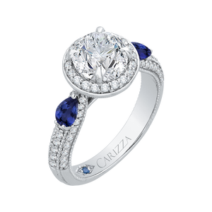 14K White Gold Round Diamond Halo Engagement Ring with Sapphire (Semi Mount)