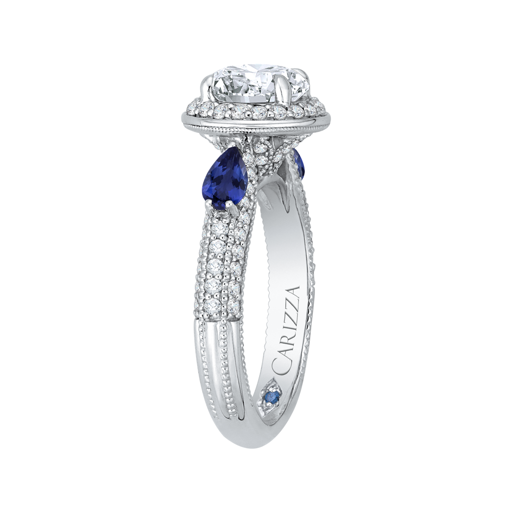 14K White Gold Round Diamond Halo Engagement Ring with Sapphire (Semi Mount)