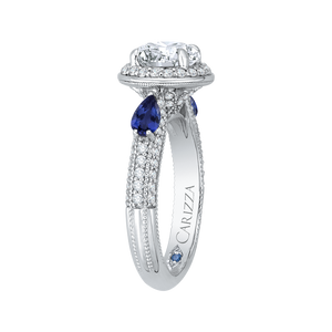 14K White Gold Round Diamond Halo Engagement Ring with Sapphire (Semi Mount)