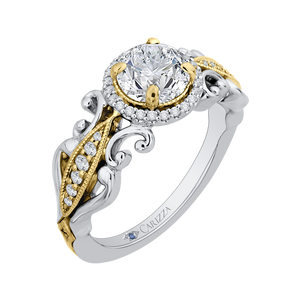 14K Two Tone Gold Round Diamond Halo Engagement Ring (Semi Mount)