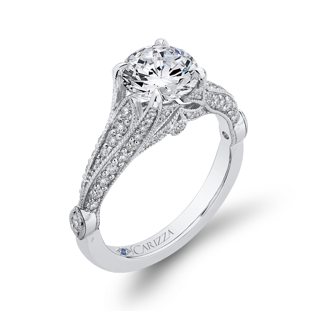 Round Cut Diamond Vintage Engagement Ring In 14K White Gold (Semi Mount)