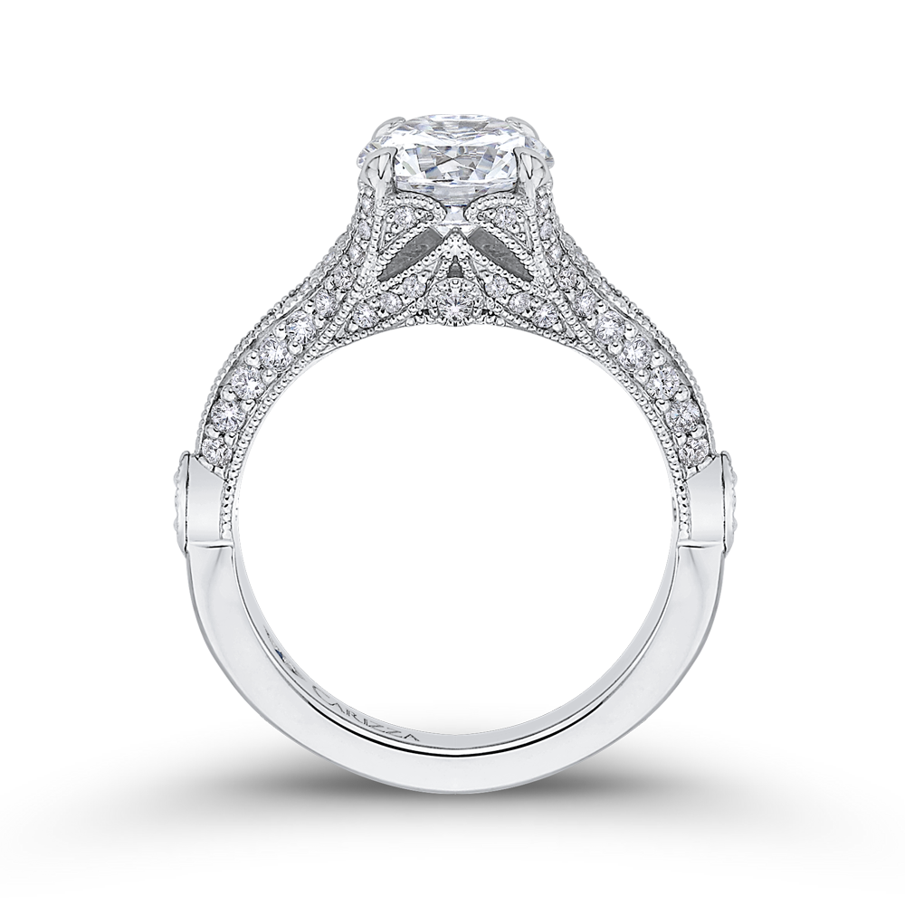 Round Cut Diamond Vintage Engagement Ring In 14K White Gold (Semi Mount)