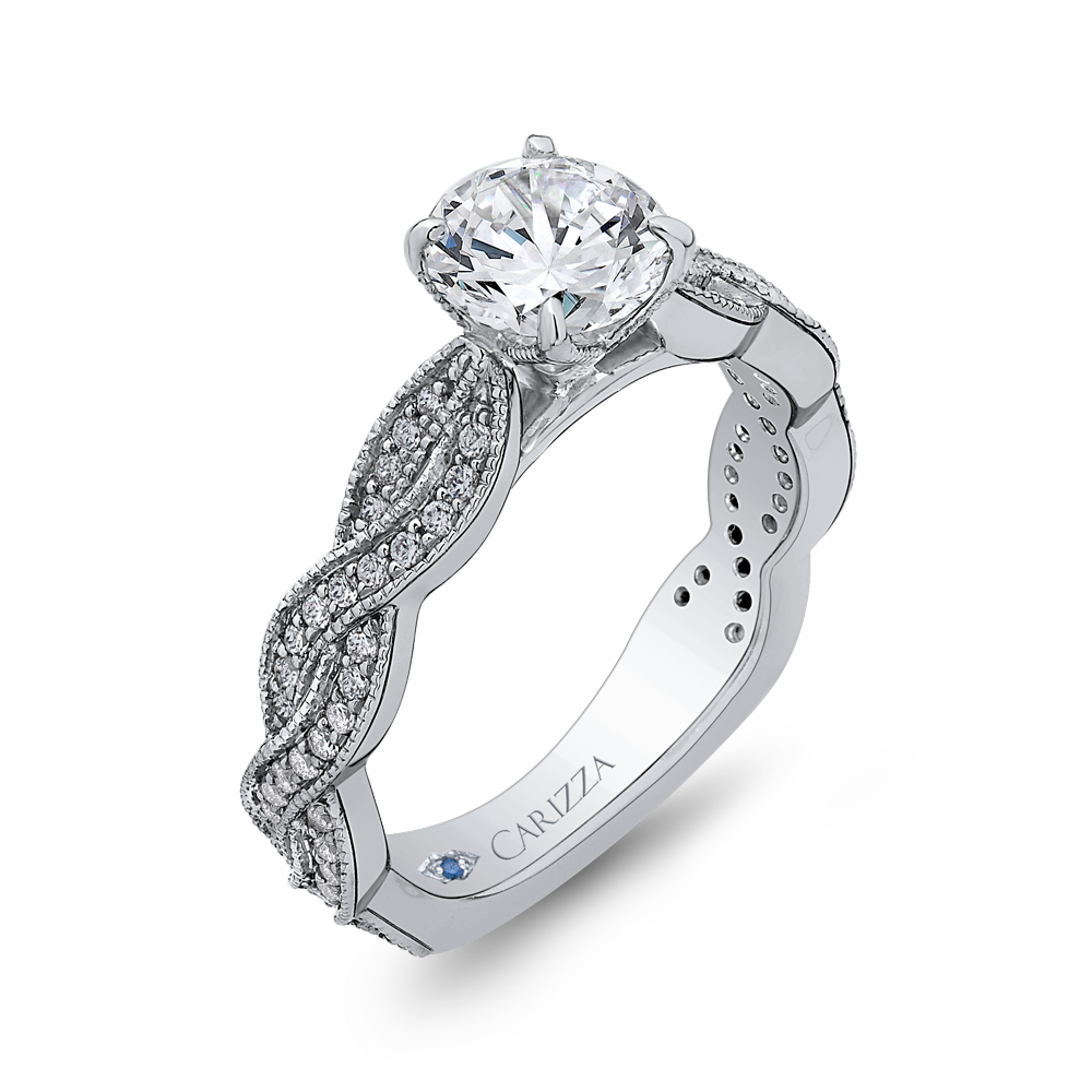 14K White Gold Round Diamond Floral Engagement Ring with Criss Cross Shank (Semi Mount)