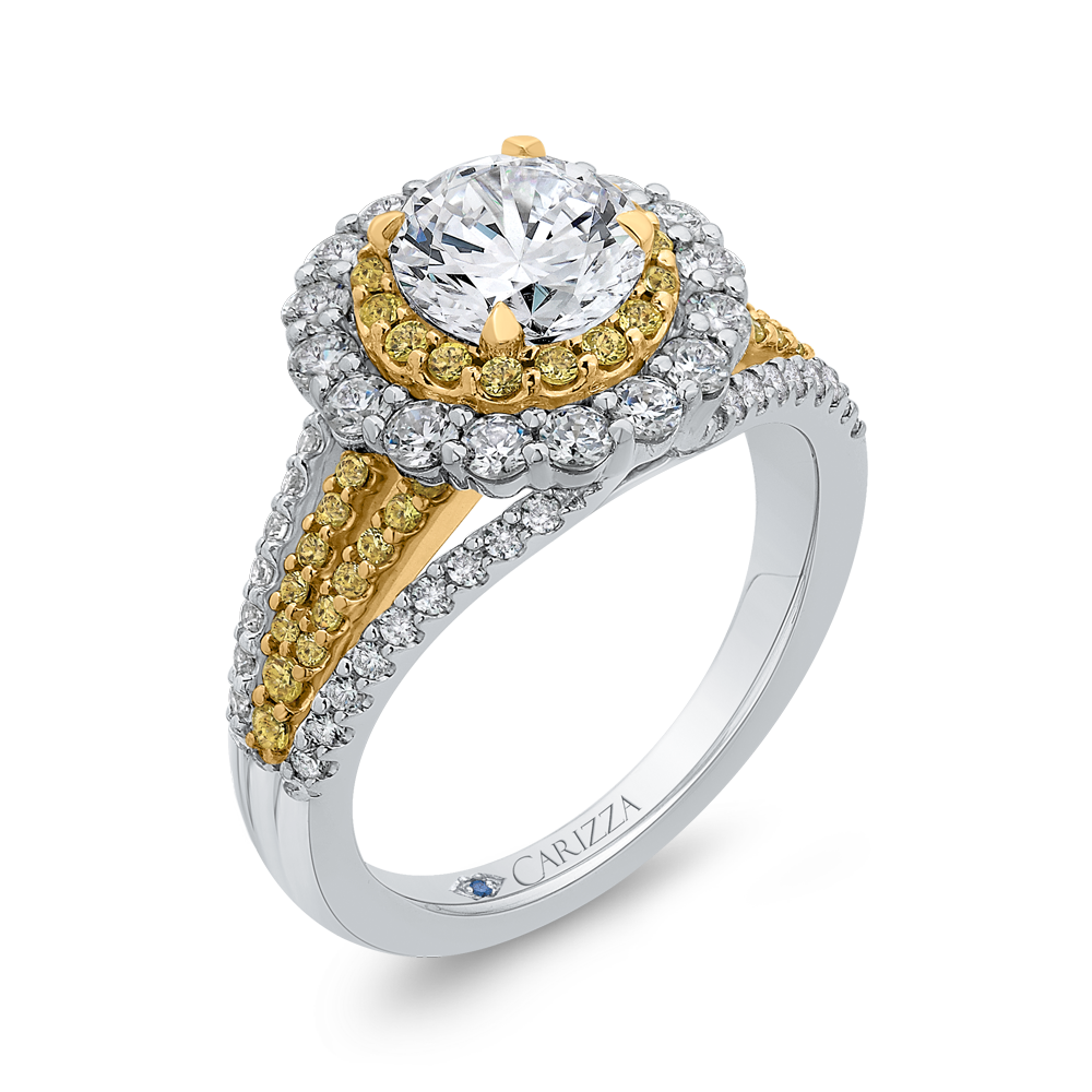 14K Two Tone Gold Round Diamond Double Halo Engagement Ring with Split Shank (Semi Mount)