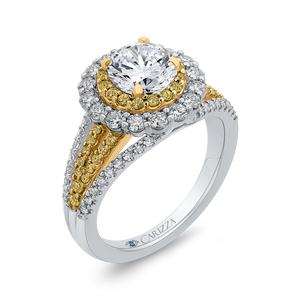 14K Two Tone Gold Round Diamond Double Halo Engagement Ring with Split Shank (Semi Mount)