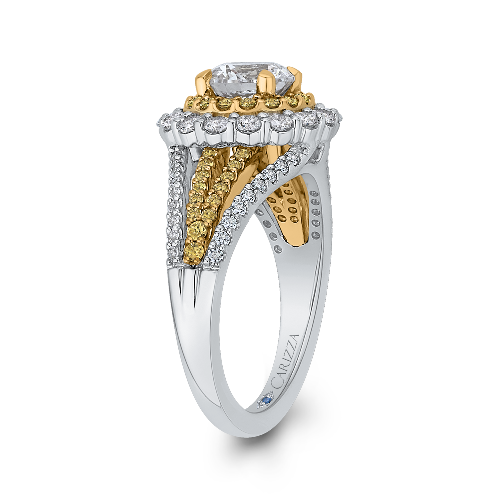 14K Two Tone Gold Round Diamond Double Halo Engagement Ring with Split Shank (Semi Mount)