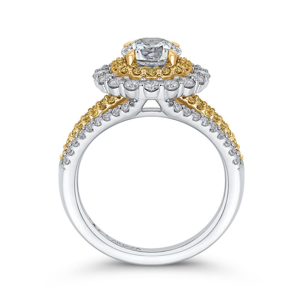 14K Two Tone Gold Round Diamond Double Halo Engagement Ring with Split Shank (Semi Mount)