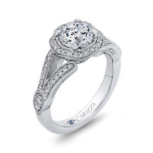 14K White Gold Round Diamond Floral Halo Engagement Ring with Split Shank (Semi Mount)