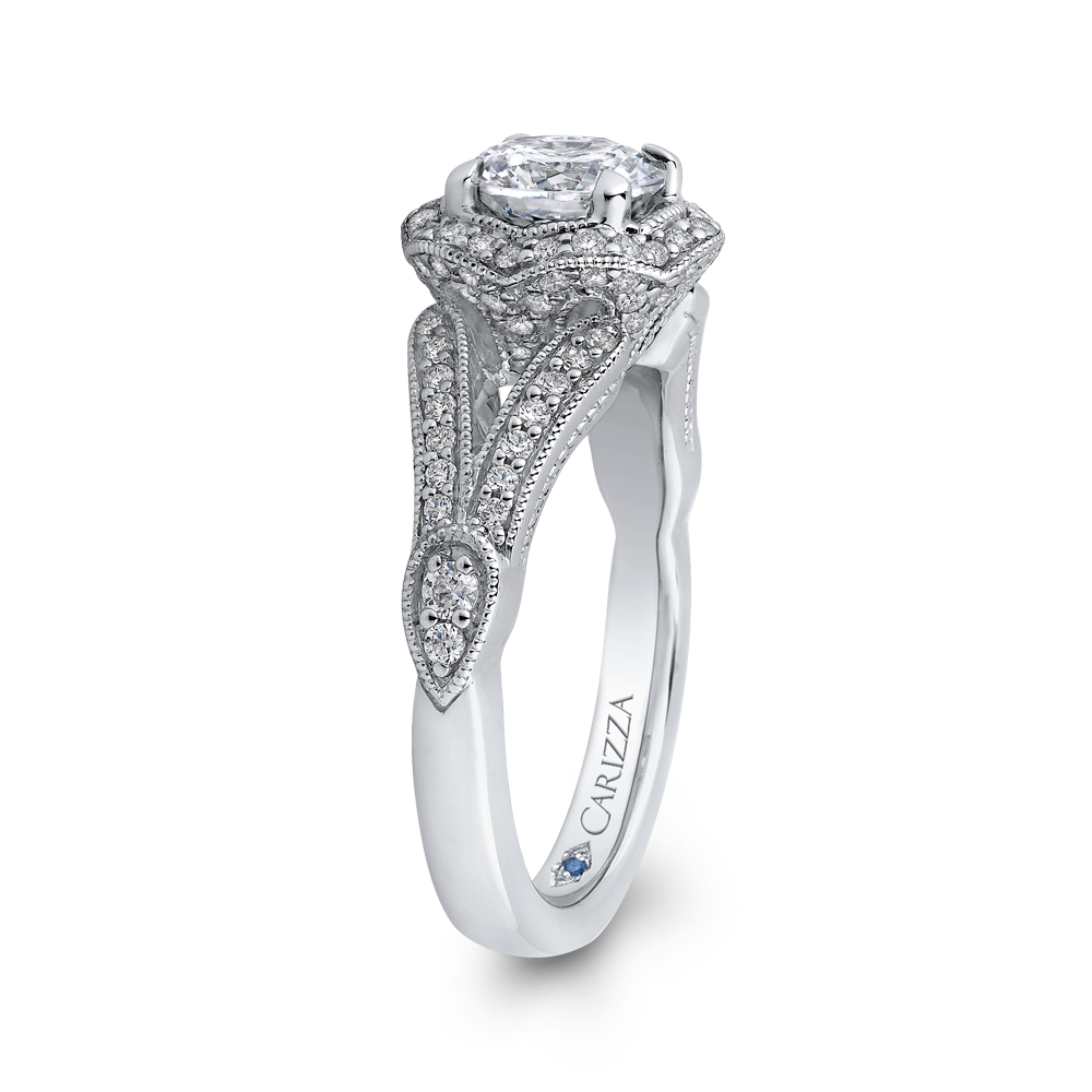 14K White Gold Round Diamond Floral Halo Engagement Ring with Split Shank (Semi Mount)