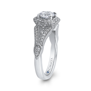 14K White Gold Round Diamond Floral Halo Engagement Ring with Split Shank (Semi Mount)