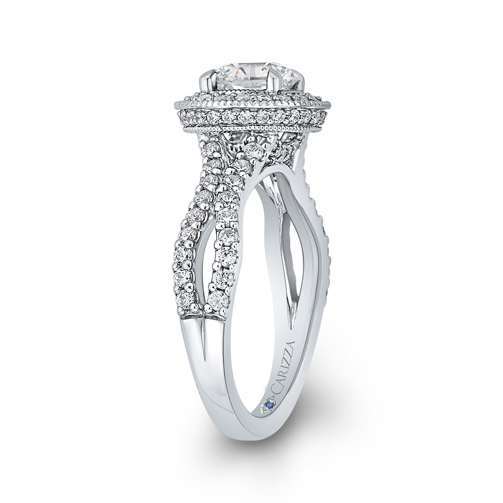 14K White Gold Round Diamond Halo Engagement Ring with Split Shank (Semi Mount)