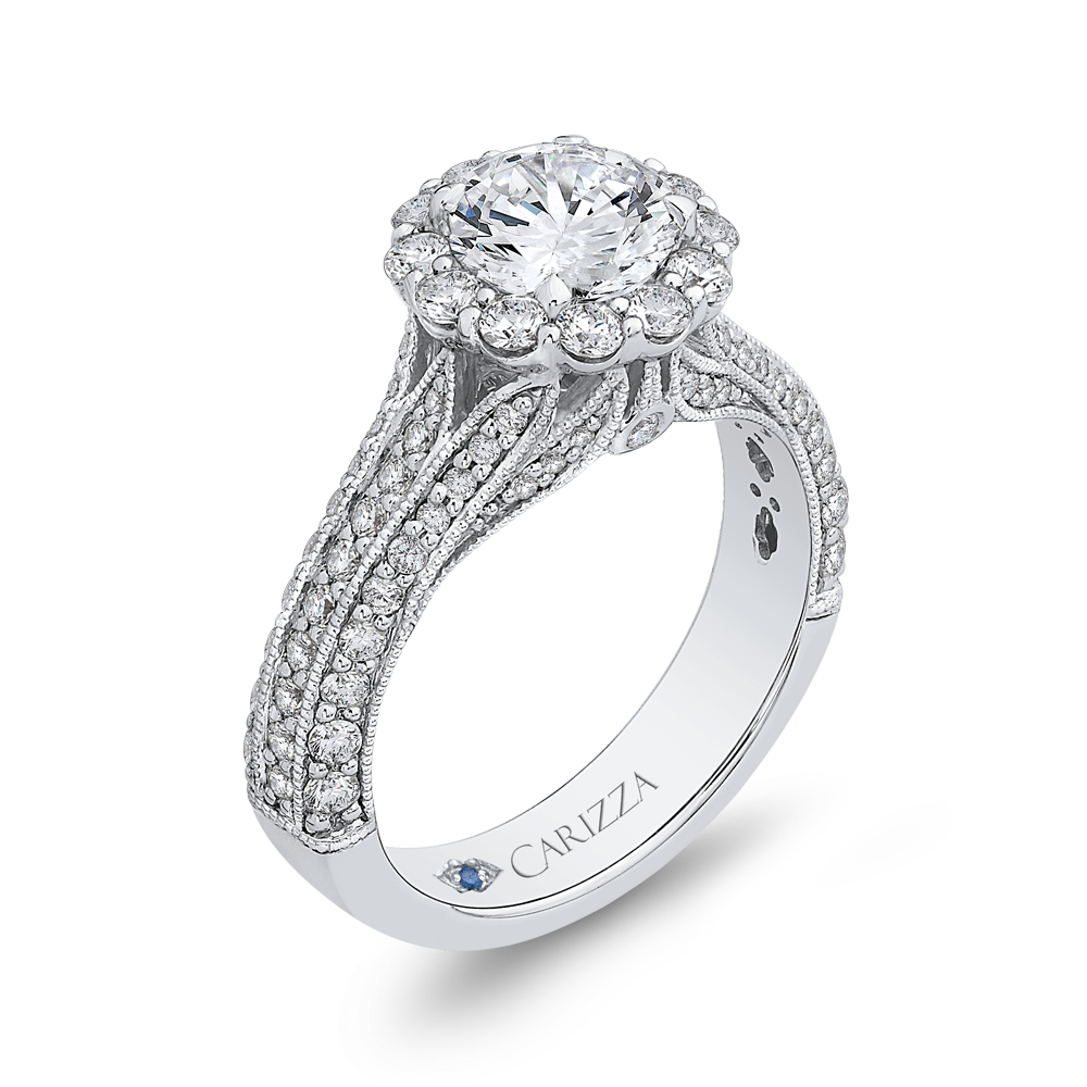 Round Diamond Halo Engagement Ring with Split Shank In 14K White Gold (Semi Mount)