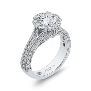 Round Diamond Halo Engagement Ring with Split Shank In 14K White Gold (Semi Mount)