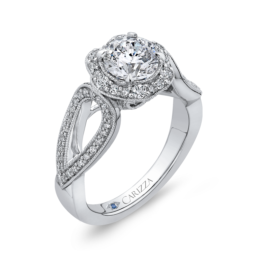 14K White Gold Round Diamond Floral Halo Engagement Ring with Split Shank (Semi Mount)