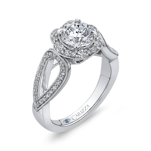 14K White Gold Round Diamond Floral Halo Engagement Ring with Split Shank (Semi Mount)