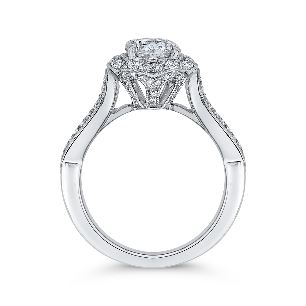 14K White Gold Round Diamond Floral Halo Engagement Ring with Split Shank (Semi Mount)