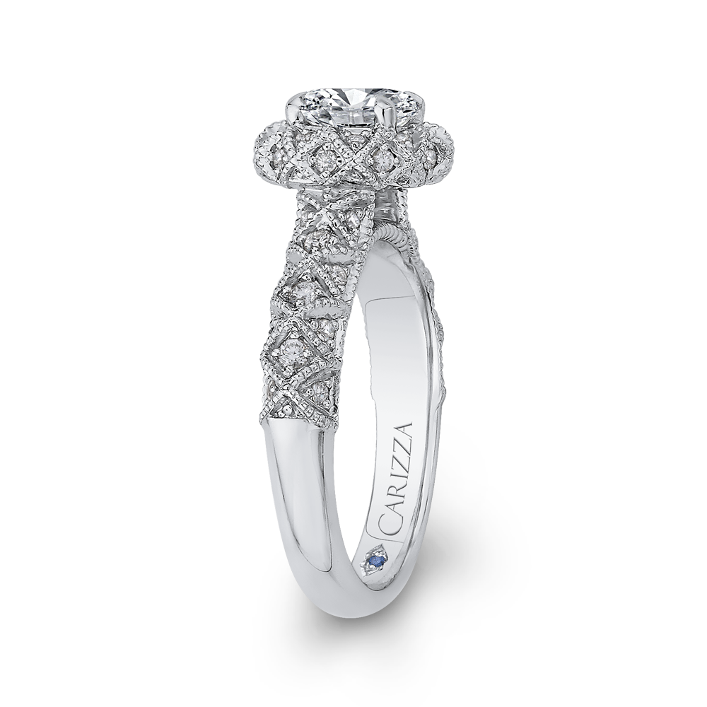 14K White Gold Round Cut Diamond Flower Halo Engagement Ring (Semi Mount)