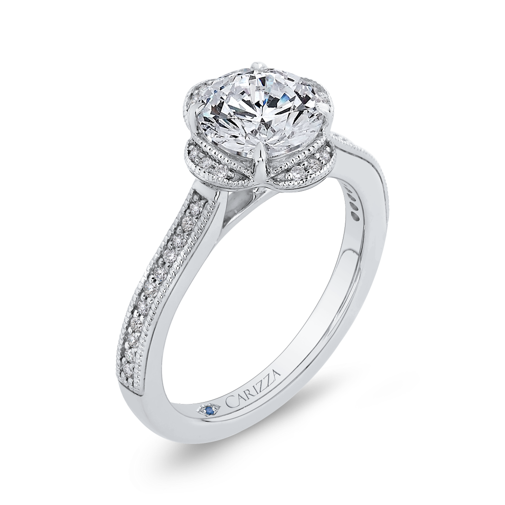 14K White Gold Round Diamond Halo Engagement Ring (Semi Mount)