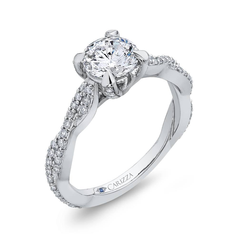 14K White Gold Round Diamond Floral Engagement Ring with Criss Cross Shank (Semi Mount)