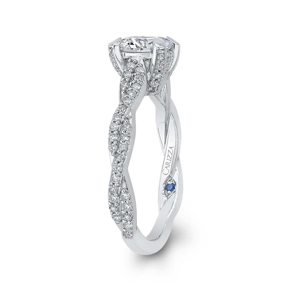 14K White Gold Round Diamond Floral Engagement Ring with Criss Cross Shank (Semi Mount)