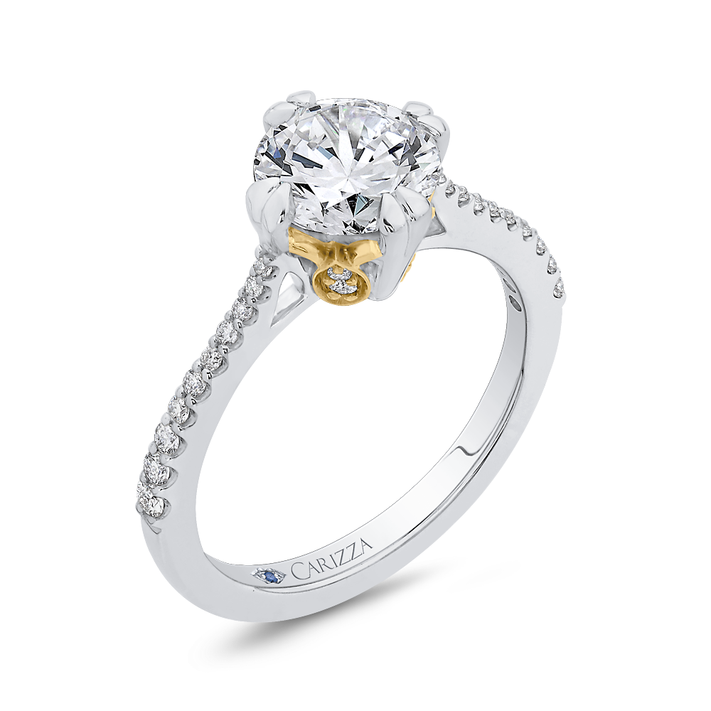 14K Two Tone Gold Round Diamond Floral Engagement Ring (Semi Mount)