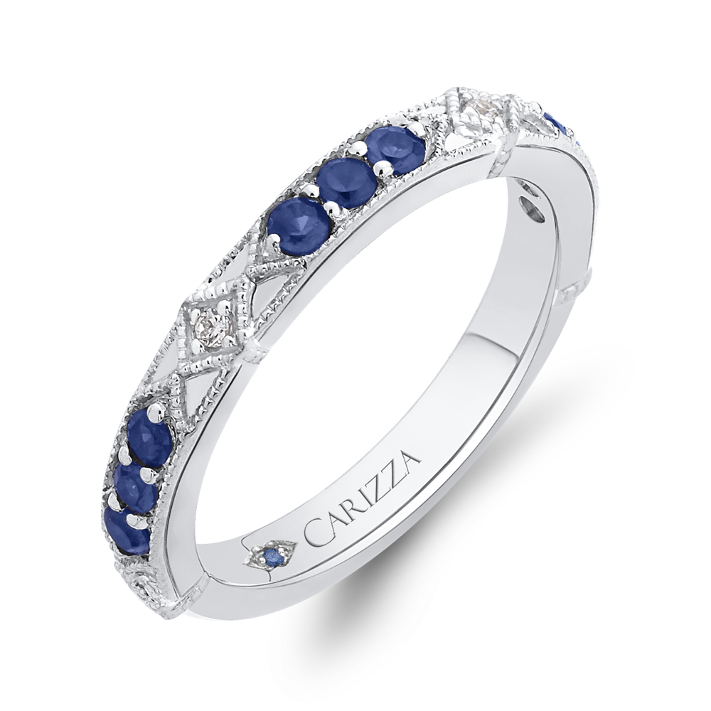 14K White Gold Round Diamond and Sapphire Wedding Band