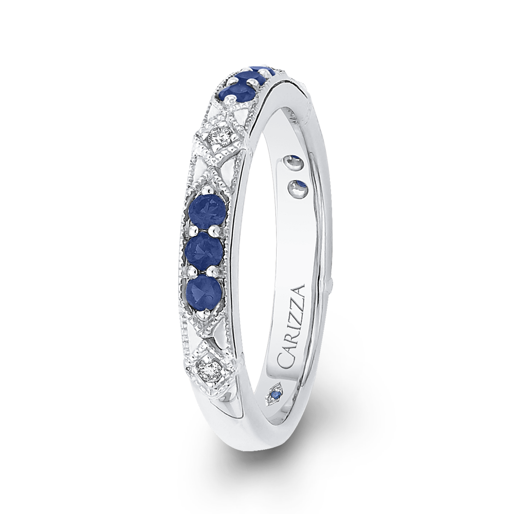 14K White Gold Round Diamond and Sapphire Wedding Band