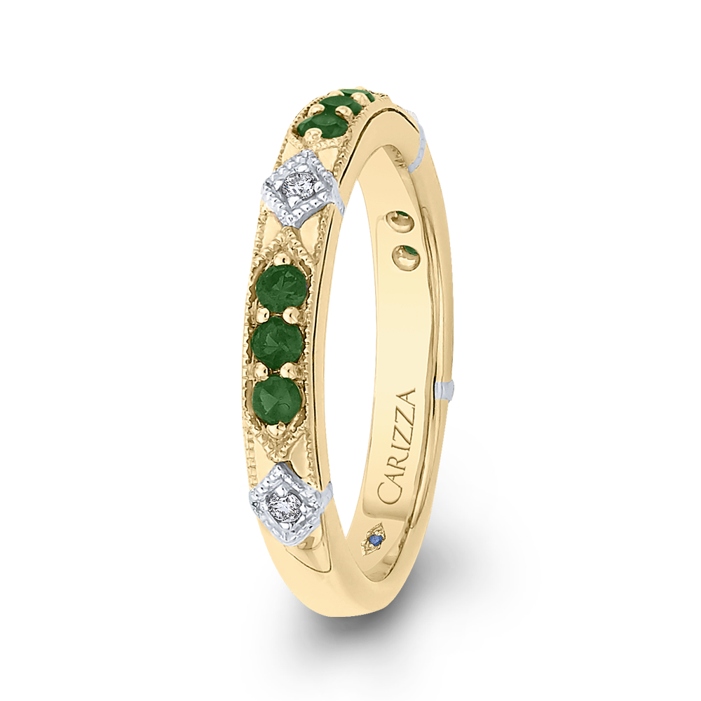 14K Two Tone Gold Round Diamond and Green Tsavorite Wedding Band