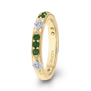 14K Two Tone Gold Round Diamond and Green Tsavorite Wedding Band